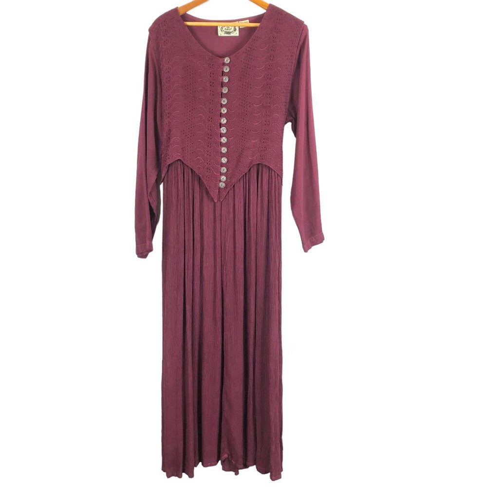 Vtg 24 Karat Maxi Dress Large Embroidered Boho Button Front Long Sleeve Rayon